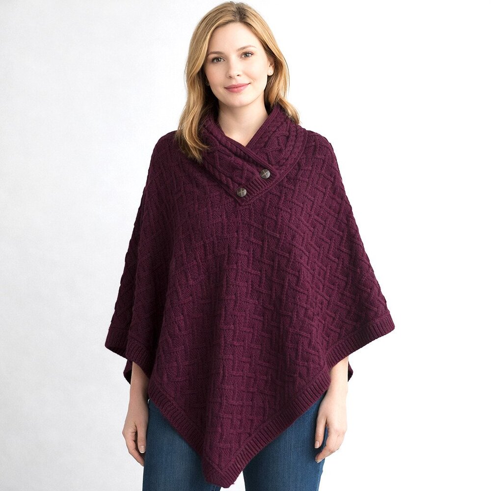 Aran Mor Merino Wool Burgundy Chunky Knit Poncho S